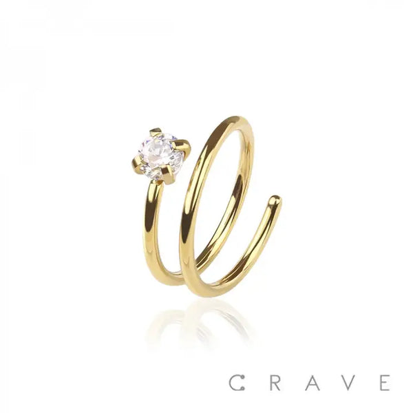 Round CZ Prong End Double Hoop Annealed 316L SS - Spiral Nose Ring