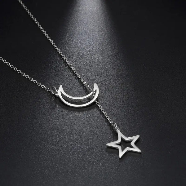 Moon Star Charm Lariat Y Necklace in 925 Sterling Silver