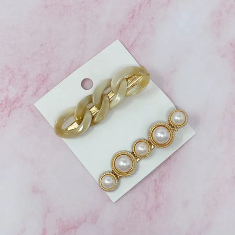 Marble Chain and Pearl Hair Clip Set - Ellison + Young