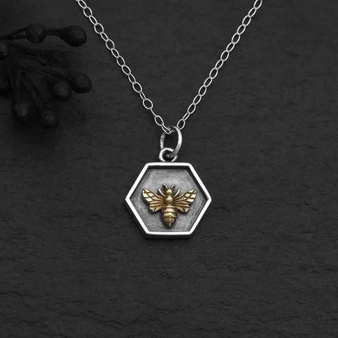 Silver Hexagon and Bronze Bee Charm Necklace