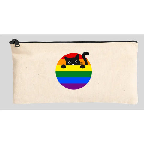Black Cat and Rainbow Print Natural Canvas Pouch
