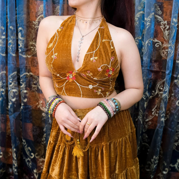 Embroidery Boho Velvet Bralette - Gold