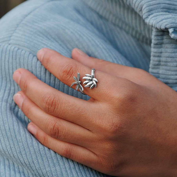 Sterling Silver Adjustable Dragonfly and Lotus Ring