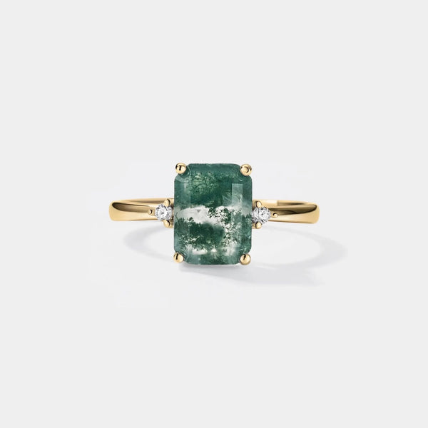 Emerald Cut Moss Agate Solitaire Ring - Gold Plated & Sterling Silver