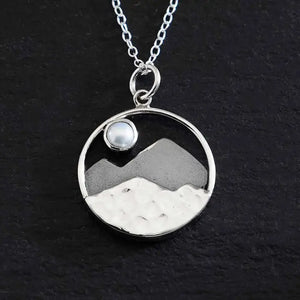 Sterling Silver Mountain with Pearl Moon 18 Inch Necklace