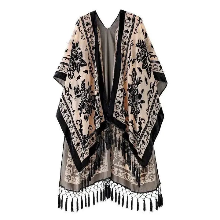 Elegant Boho Burnout Kimono - Nude/Black