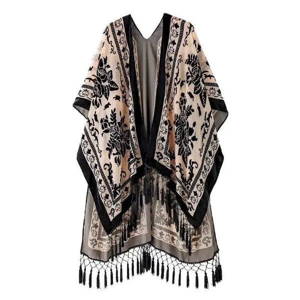 Elegant Boho Burnout Kimono - Nude/Black