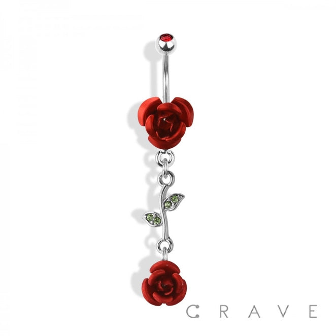 Rose with Vine Leaf Dangle 316L SS Navel Ring