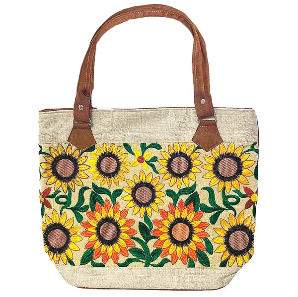 Embroidered Floral Sunflower Burlap Suede Purse Tote Bag