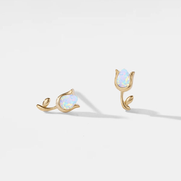 Tiny Small Opal Tulip Stud Earrings - Sterling Silver and Gold Plated