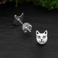 Sterling Silver Cat Face Post Earrings