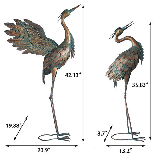 Metal Crane 2 Piece Statue Set