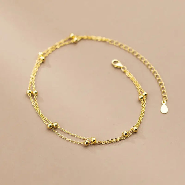 Dainty Bead Double Chain Anklet in 925 Sterling Silver