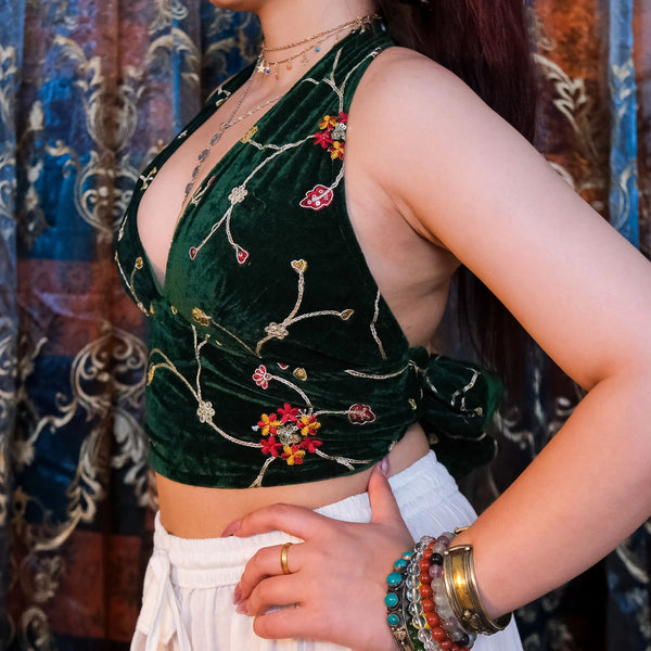 Embroidery Boho Velvet Bralette - Green