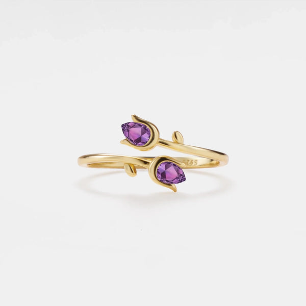 Dainty Amethyst Tulip Flower Bypass Ring in 925 Sterling Silver