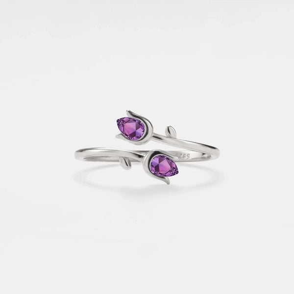 Dainty Amethyst Tulip Flower Bypass Ring in 925 Sterling Silver