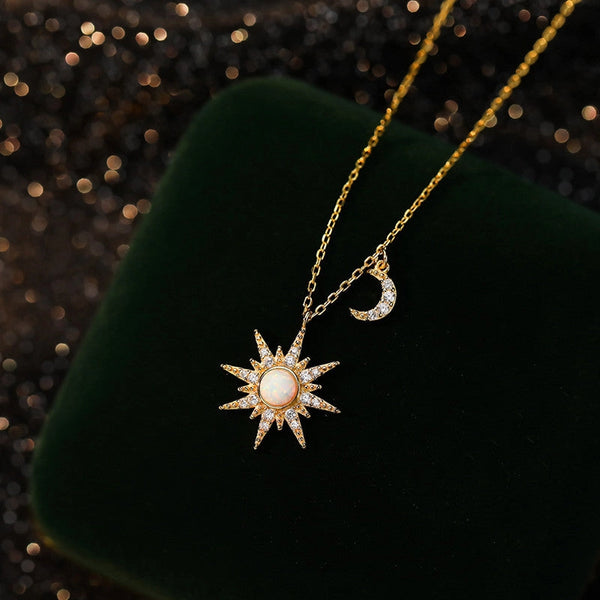 Opal Sun Moon Pendant Necklace - Sterling Silver & Gold Plated