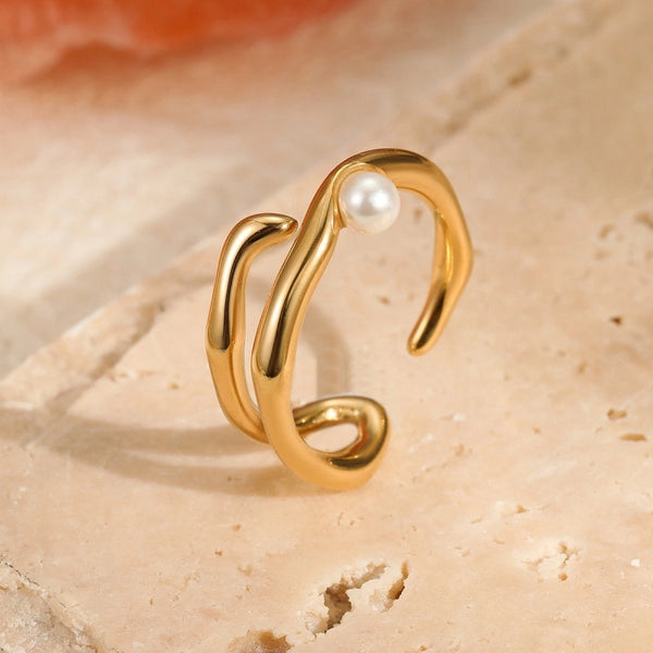 Fluid Wavy Pearl Double Strand Open Ring in Stainless Steel