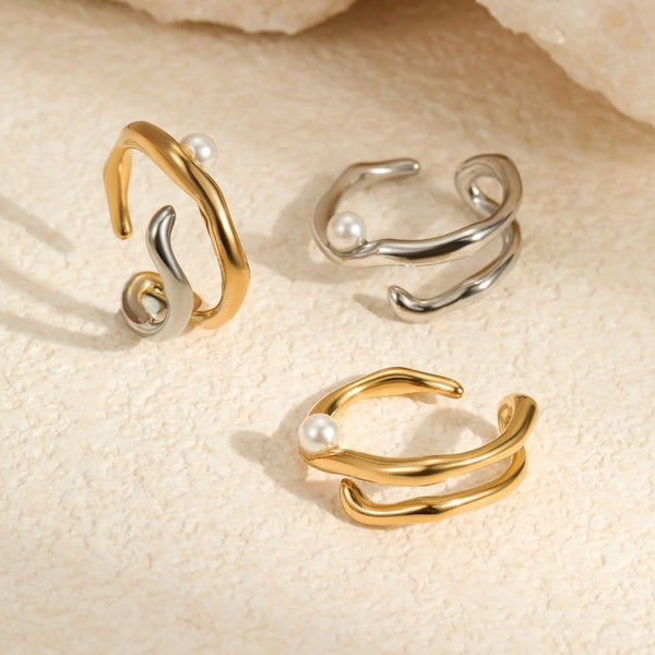 Fluid Wavy Pearl Double Strand Open Ring in Stainless Steel