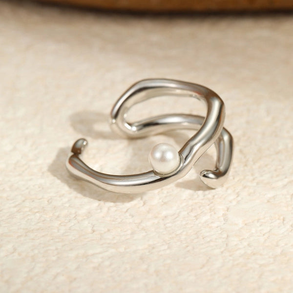 Fluid Wavy Pearl Double Strand Open Ring in Stainless Steel