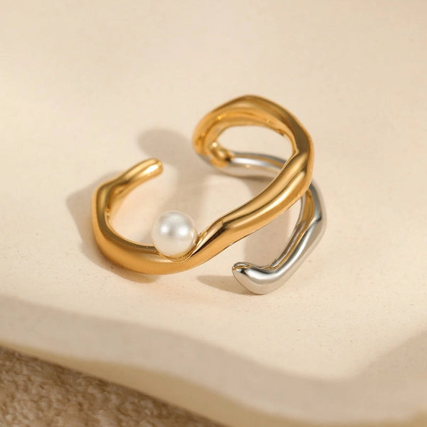 Fluid Wavy Pearl Double Strand Open Ring in Stainless Steel