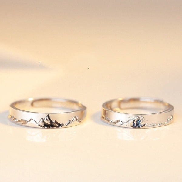 Mountain & Ocean Matching Rings in 925 Sterling Silver