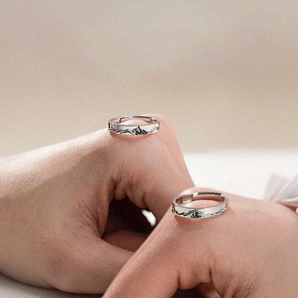 Mountain & Ocean Matching Rings in 925 Sterling Silver