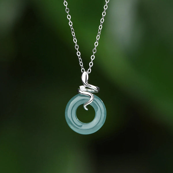 Jade with Snake & Circle Pendant Necklace in 925 Sterling Silver