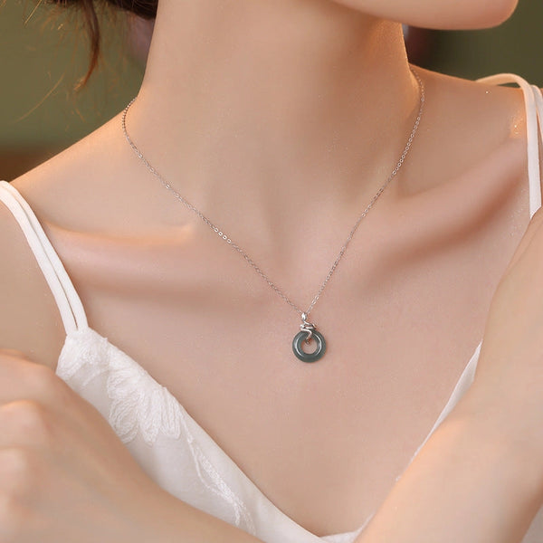 Jade with Snake & Circle Pendant Necklace in 925 Sterling Silver