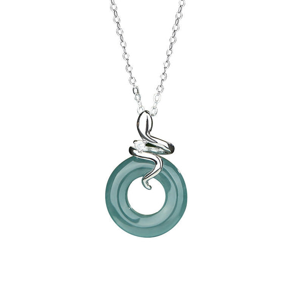 Jade with Snake & Circle Pendant Necklace in 925 Sterling Silver