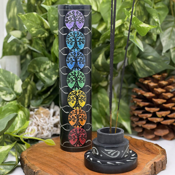 Round Soapstone Incense Burner Tower - 7 Chakra Tree of Life