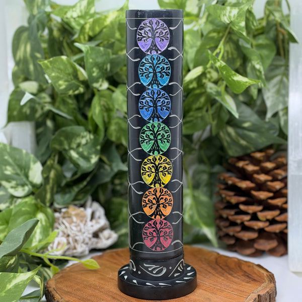 Round Soapstone Incense Burner Tower - 7 Chakra Tree of Life