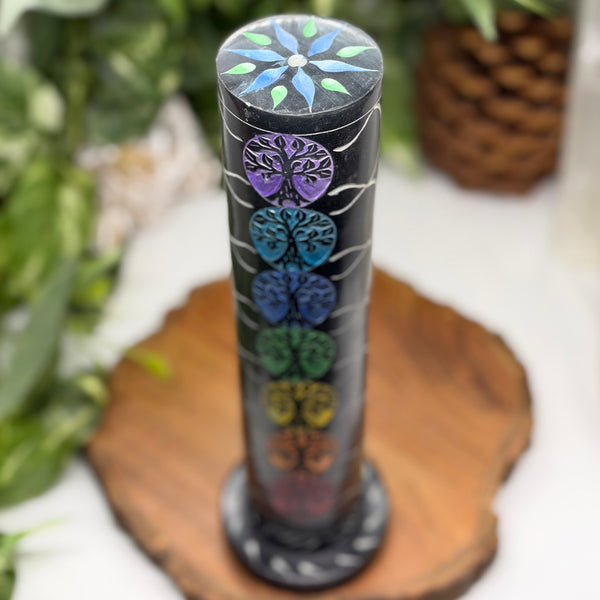Round Soapstone Incense Burner Tower - 7 Chakra Tree of Life