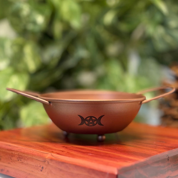 Copper Plated Metal Cauldron with Triple Moon & Pentacle (8")