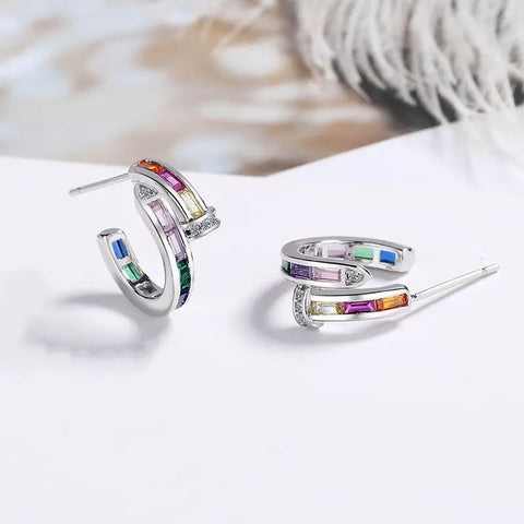 Rainbow Stone Hoop Earrings