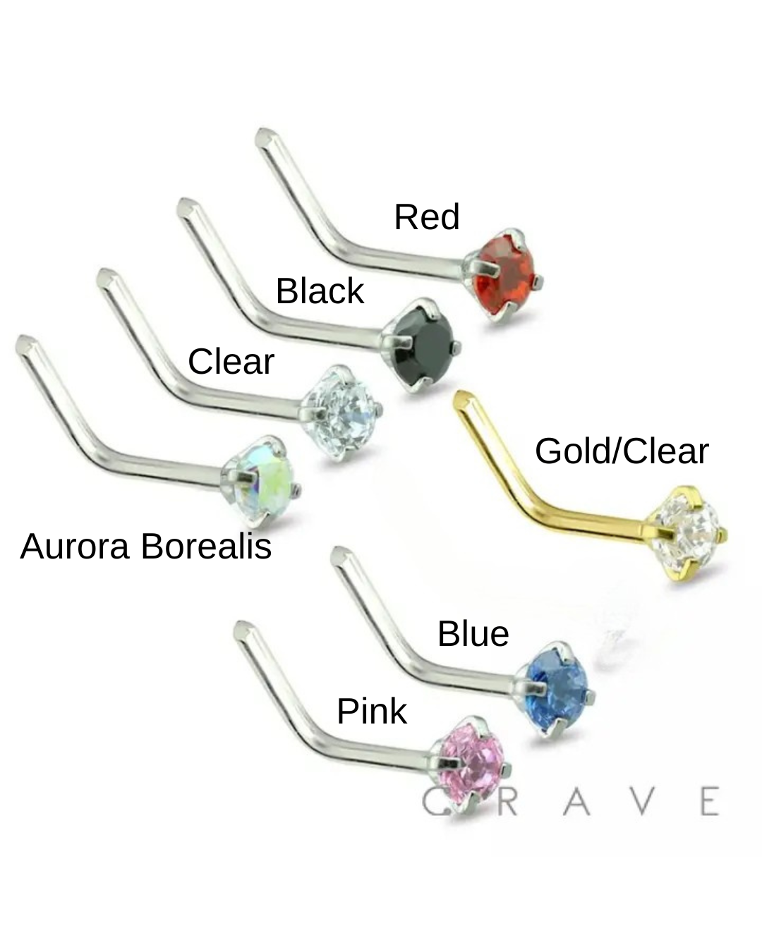 316L SS Nose "L" Bend with Prong - Colored Gems