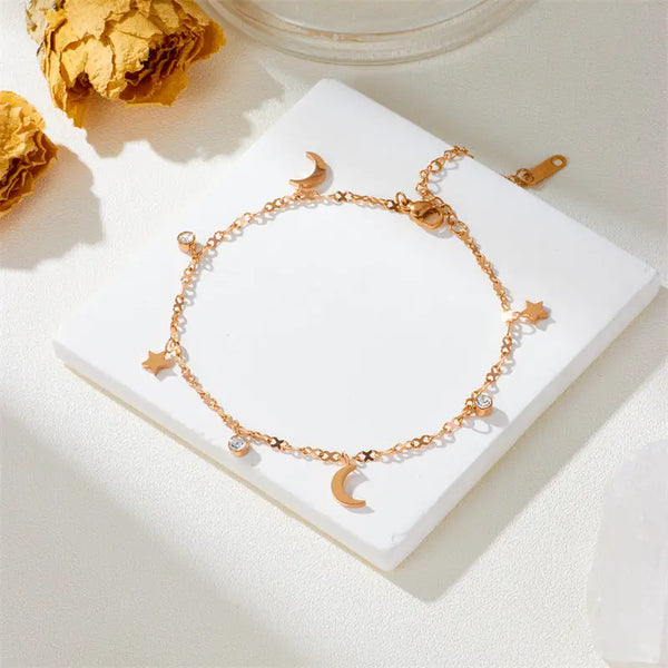 Dainty Star Moon Ankle Bracelet Anklet in Rose Gold