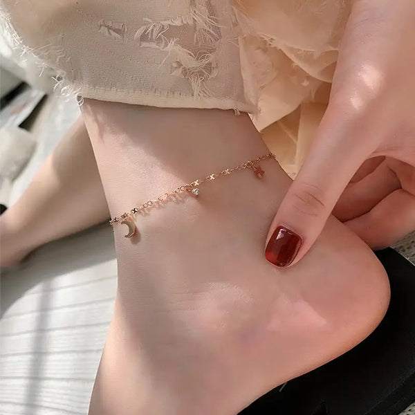 Dainty Star Moon Ankle Bracelet Anklet in Rose Gold