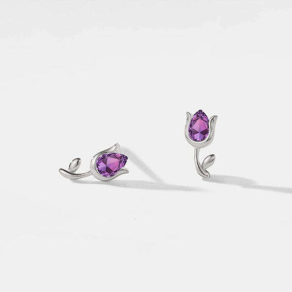Tiny Amethyst Tulip Flower Earrings - Sterling Silver and Gold Plated