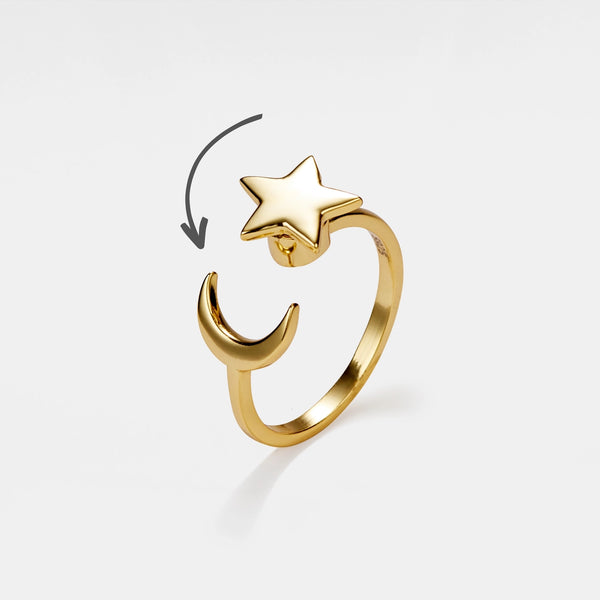 Moon Star Anxiety Fidget Spinner Ring - Sterling Silver & Gold Plated