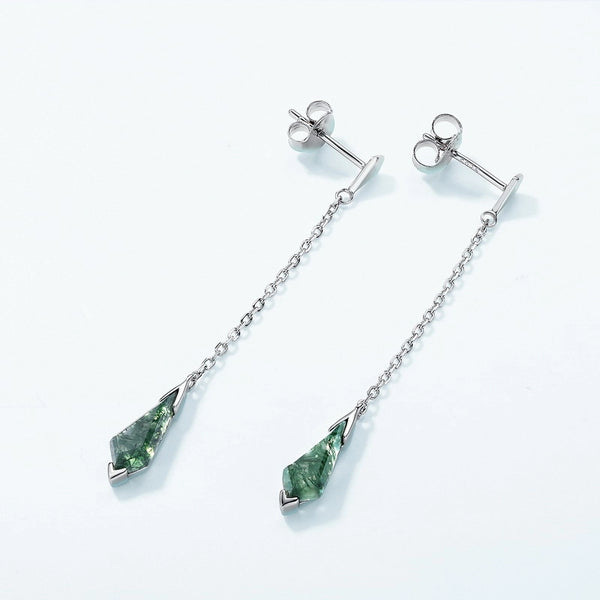 Dainty Moss Agate Drop Stud Earrings in Sterling Silver