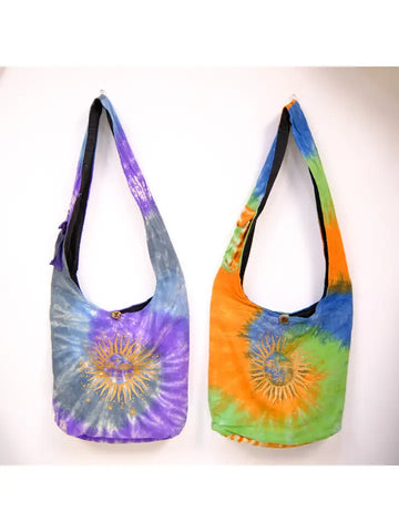 Tie Dye Hippie Boho Shoulder Bag with Sun Print