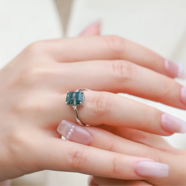 Emerald Cut Moss Agate Solitaire Ring - Gold Plated & Sterling Silver