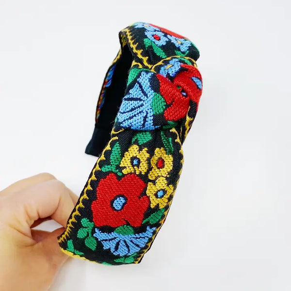 French Floral Embroidered Headband - Red