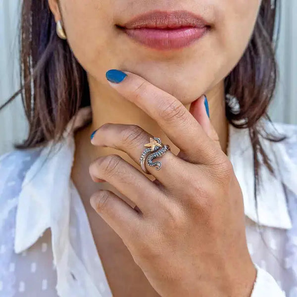 Adjustable Octopus Tentacle Sterling Silver Ring with Bronze Starfish