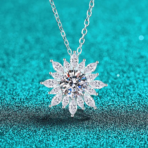 Moissanite Sunflower Pendant Necklace in 925 Sterling Silver