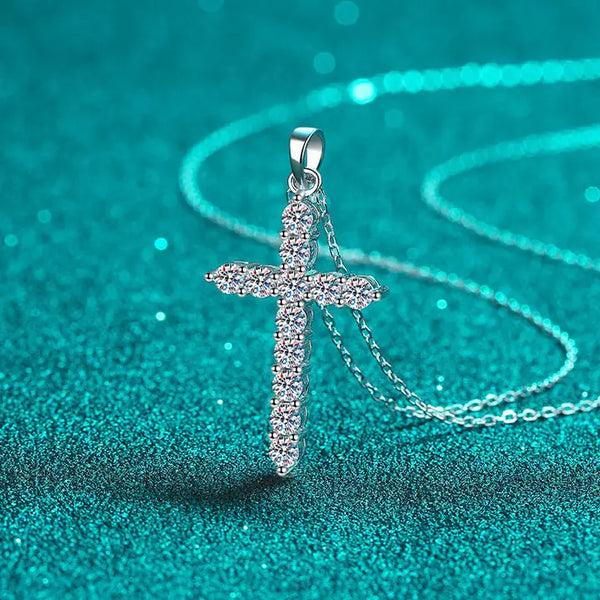 Moissanite Cross Pendant Necklace in Sterling Silver