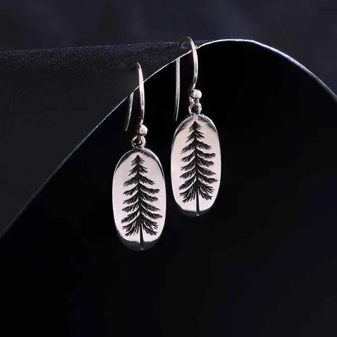 Sterling Silver Oval Pine Tree Dangle Earrings - 34x10mm