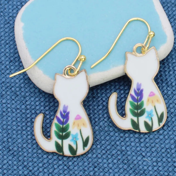 Floral Feline White Cat Earrings