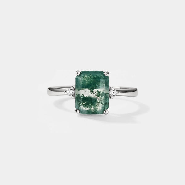 Emerald Cut Moss Agate Solitaire Ring - Gold Plated & Sterling Silver